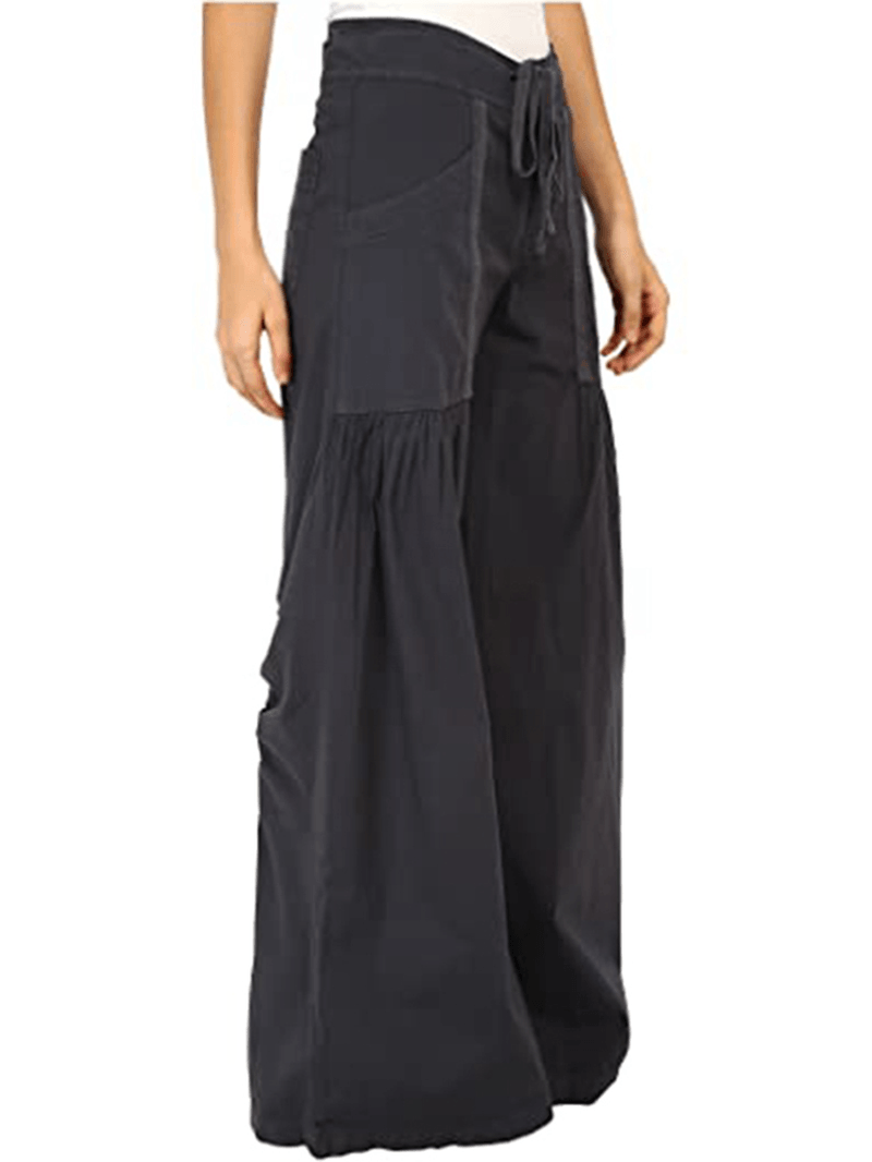 Women Solid Color Elastic Waist Loose Wide Leg Pants with Pocket