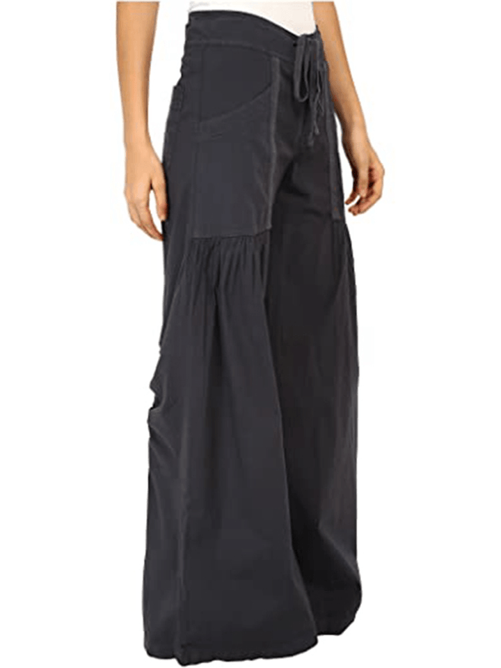 Women Solid Color Elastic Waist Loose Wide Leg Pants with Pocket