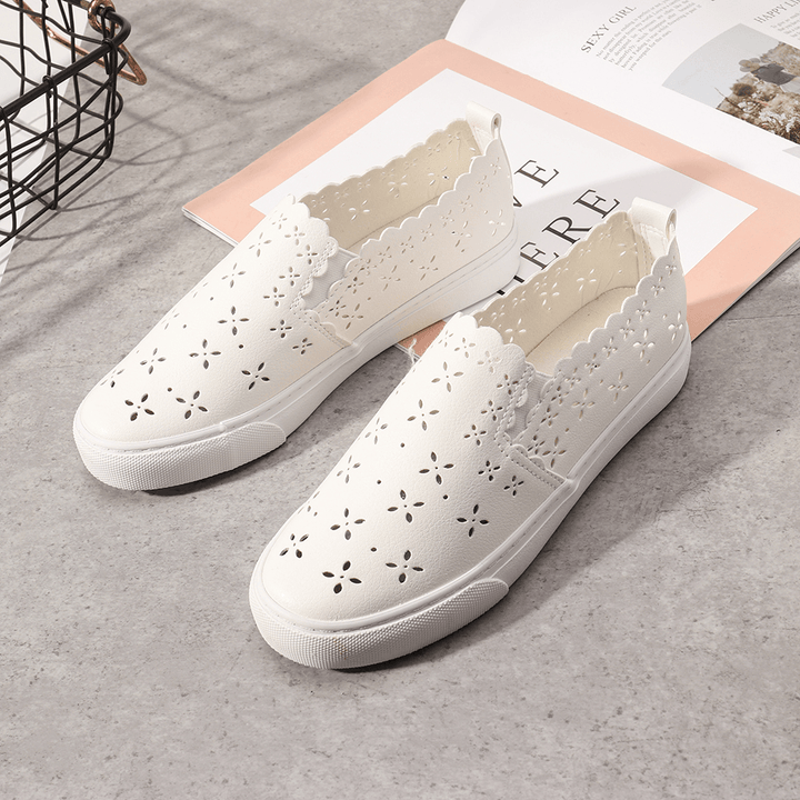 Women Flowers Hollow Comfy Breathable White Flats for Student