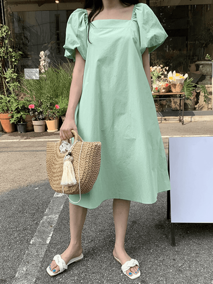 Puff Sleeve Square Collar Plain Solid Color Casual Midi Dress with Pocket