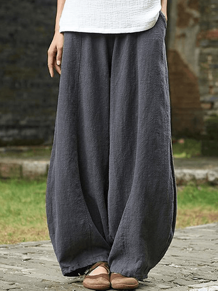 Cotton Linen Solid Color Elastic Waist Loose Casual Pants with Pocket - MRSLM