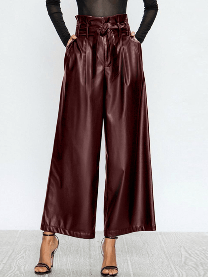 Women Causal High Waist Belted Wide Leg Pocket Pants