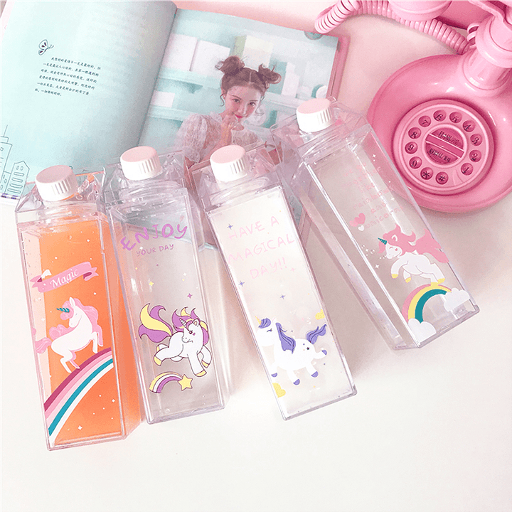 500Ml Fantastic Summer Unicorn Cartoon Milk Drink Box Water Bottle Birthday Kid Clear Plastic Water Bottle Gym Sport Cactus Juice Frui Holder Fitness Picnic