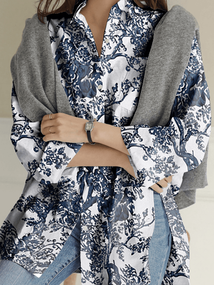 Women Floral Print Lapel Collar High Low Split Hem Long Sleeve Casual Shirts