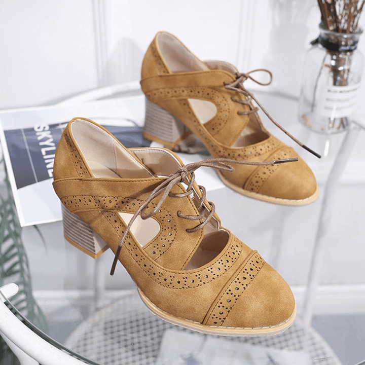 Brogue Carved Chunky Heel Shoes