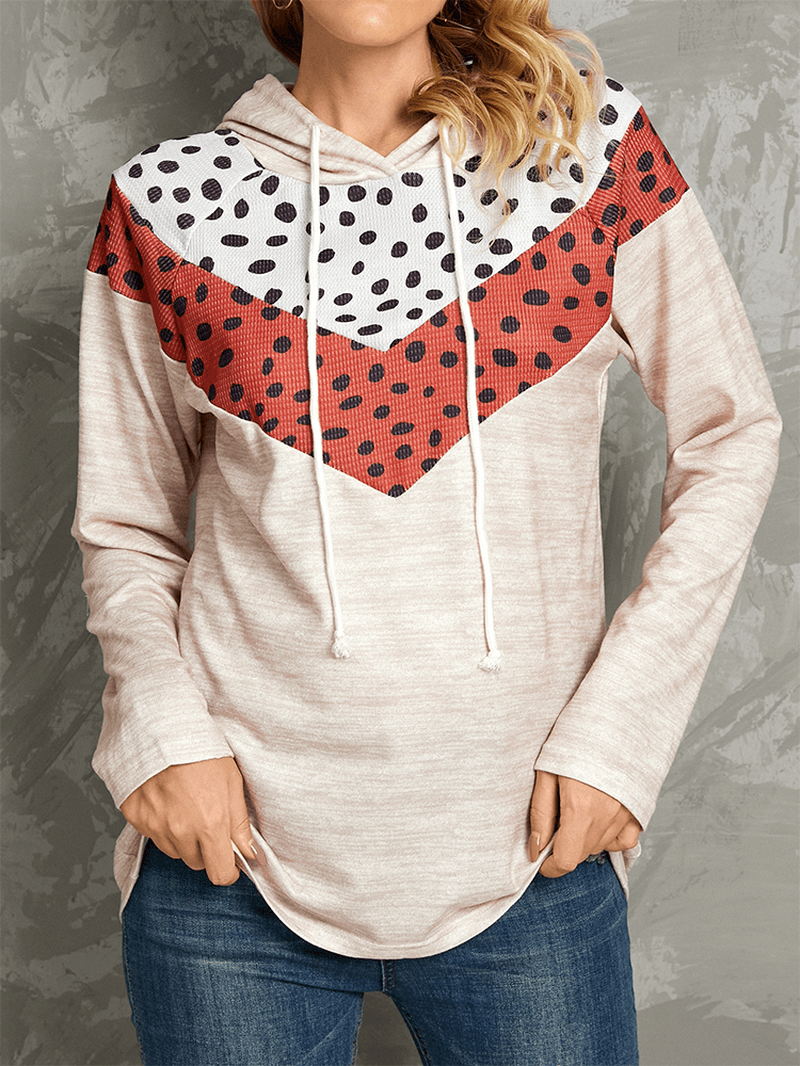 Polkadot Print Patchwork Casual Drawstring Long Sleeve round Neck Hoodies - MRSLM