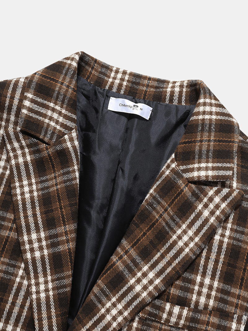 Men Plaid Woolen Single-Breasted Flat Collar Long Trench Pockets Causal Coats