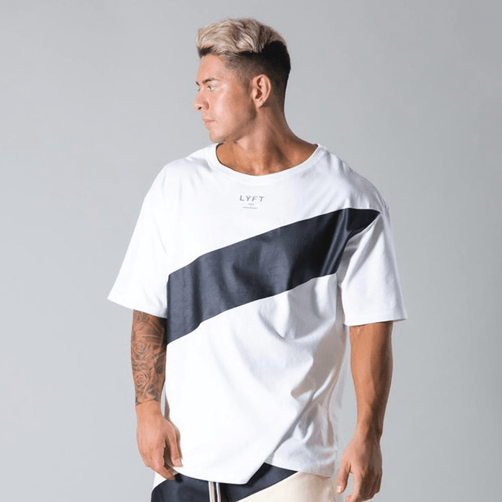 Men'S Cotton Loose round Neck Half Sleeve Color Block Top