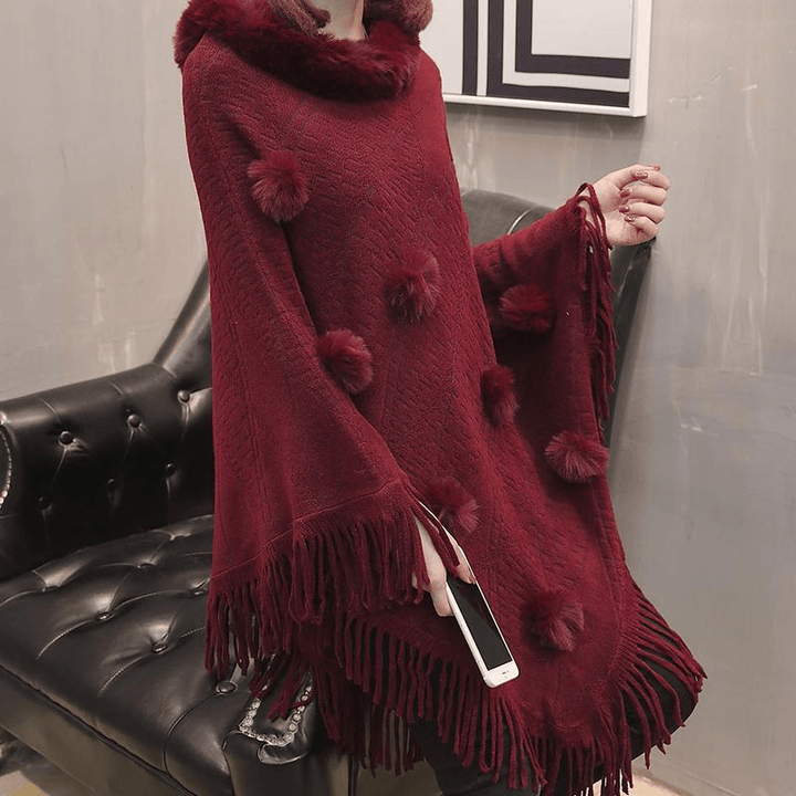 Loose Outer Wear Fur Collar Bat Shirt with Hand-Woven Tassels