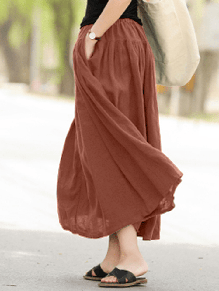 Casual Solid Elastic Waist Pleated Spliced Cotton Skirt for Women