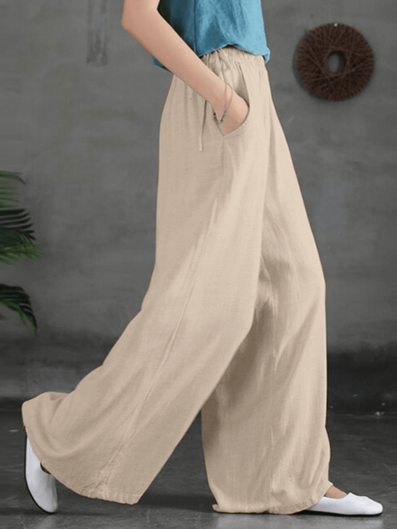 Women Casual Solid Color Side Drawstring Loose Wide Leg Pants with Pockets