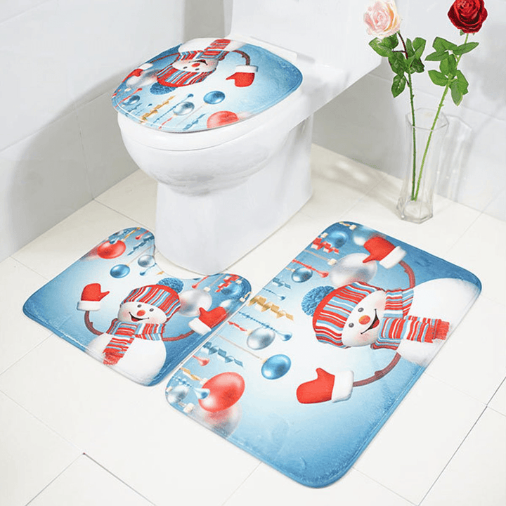 3Pcs Set Christmas Snowman Toilet Seat Covers Bathroom Carpet No-Slip Rug Xmas Decor