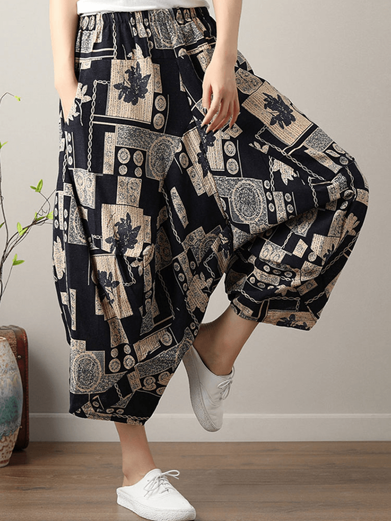 Ethnic Print Pocket Asymmetrical Elastic Waist Loose Casual Cropped Pants