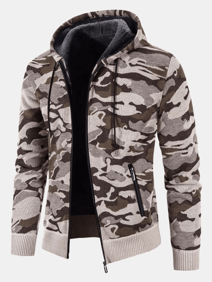 Mens Cotton Camo Printed Plush Lined Zipper Slant Pockets Jackets