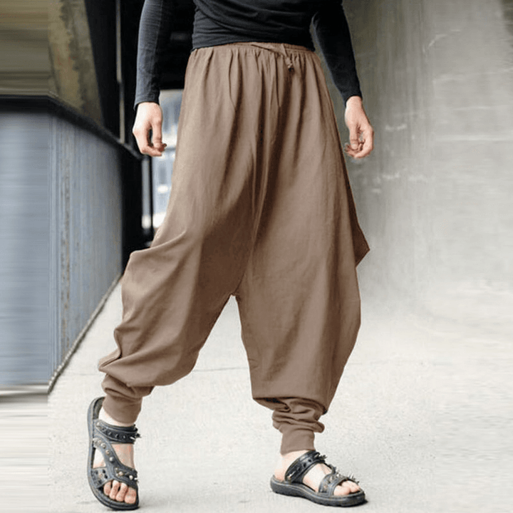 Mens Casual Cotton Linen Solid Color Baggy Loose Harem Pants