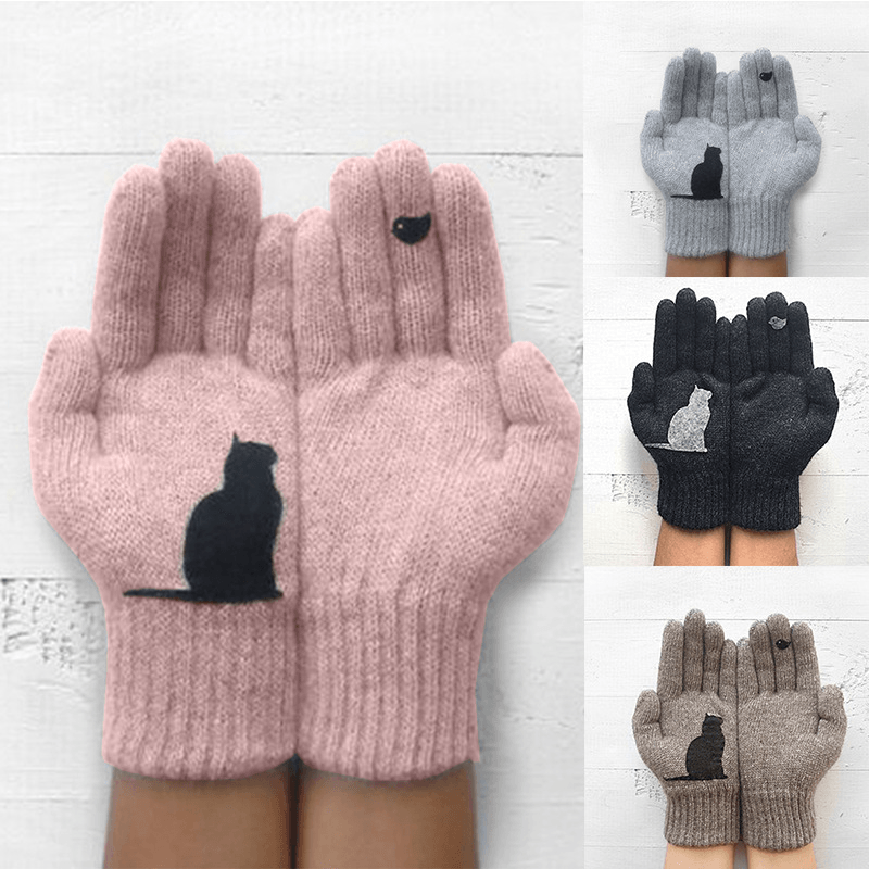 Women'S Wool Gloves Autumn Winter Outdoor Warm Cold Padded Cat Bird Print Glove