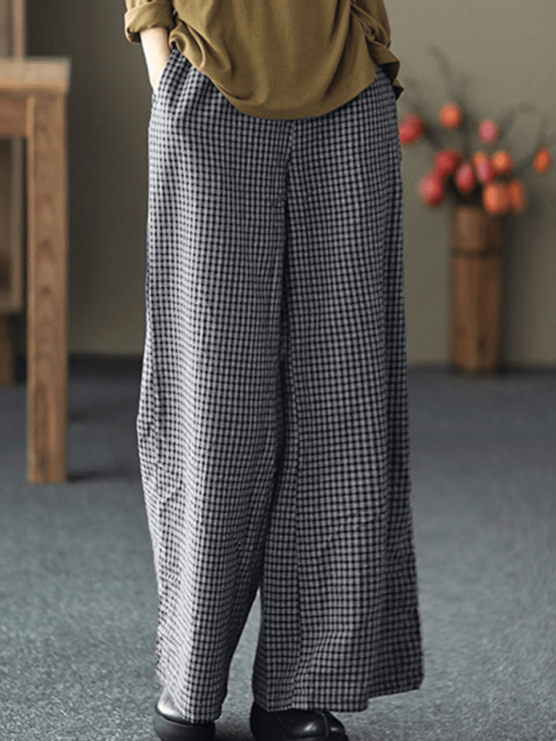 Women Plaid Wide-Legged Elastic Waist Side Pocket Ankle Length Loose Pants