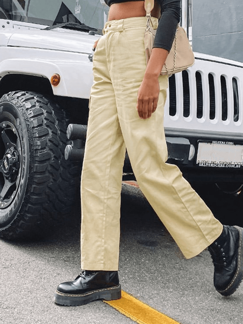 Women Solid Color Mid Waist Casual Straight Cargo Pants with Pockets - MRSLM