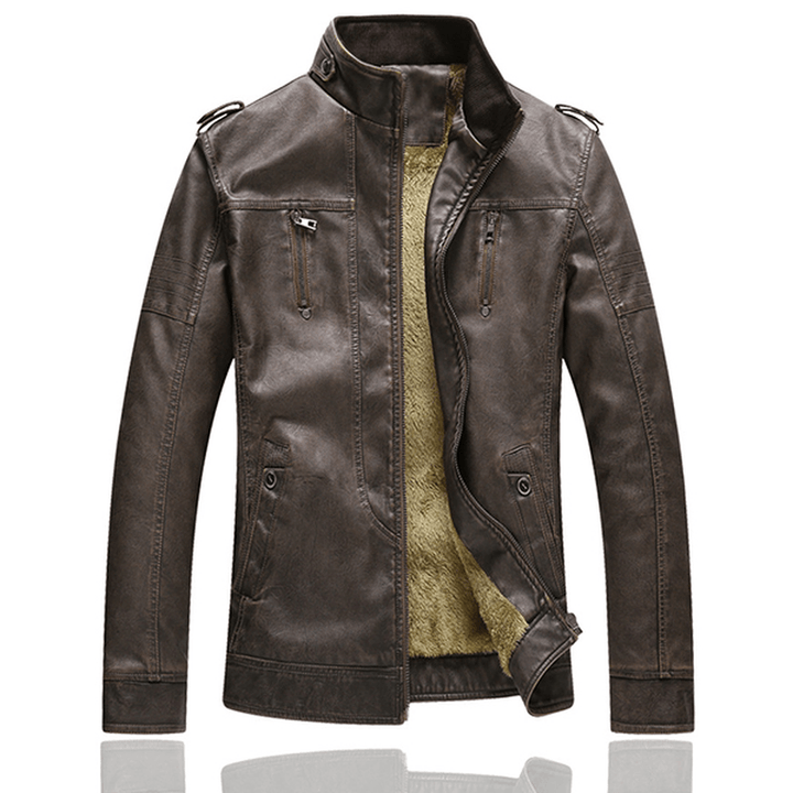 Winter Velvet plus Thick Warm Stylish PU Motor Yellow Faux Washed Leather Jacket for Men