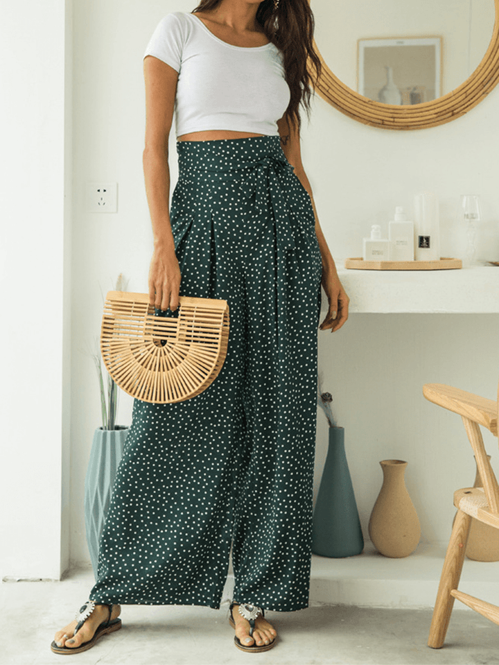 Casual Polka Dot Print High Waist Bow Wide Pants with Pocket