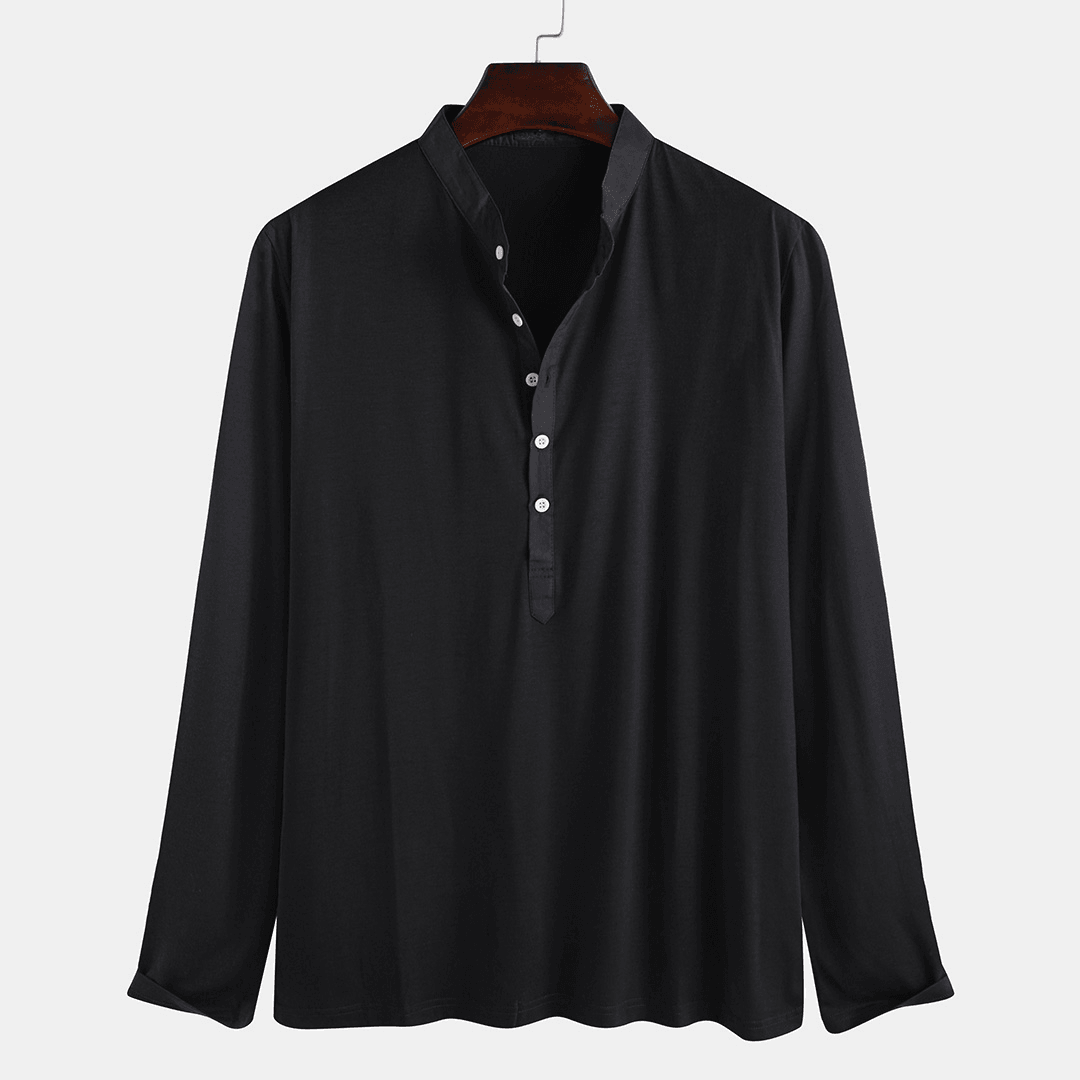 Mens Solid Color Half Open Button Stand Collar Long Sleeve - MRSLM