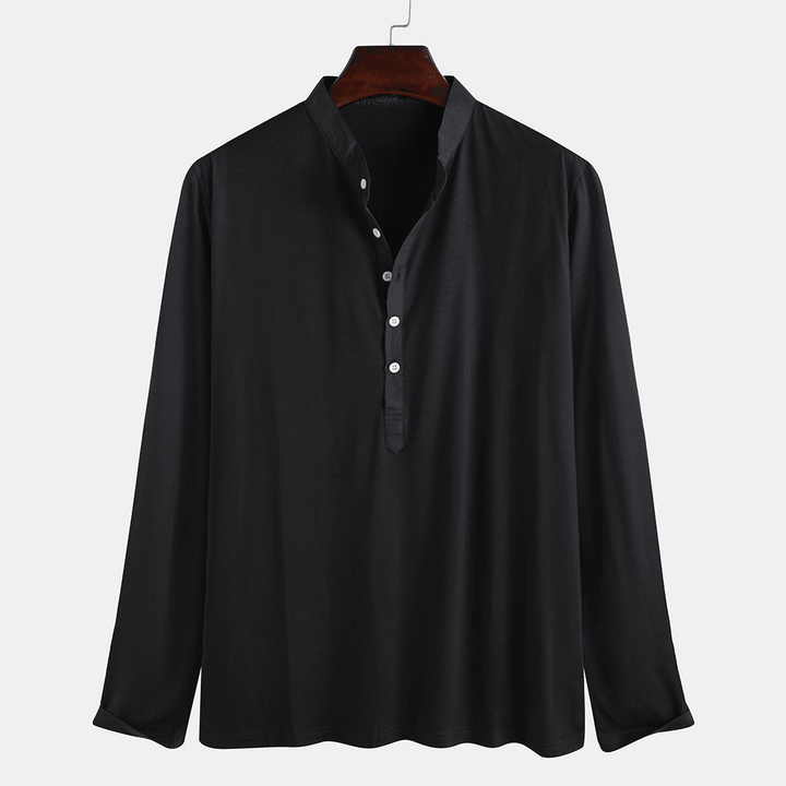 Mens Solid Color Half Open Button Stand Collar Long Sleeve - MRSLM