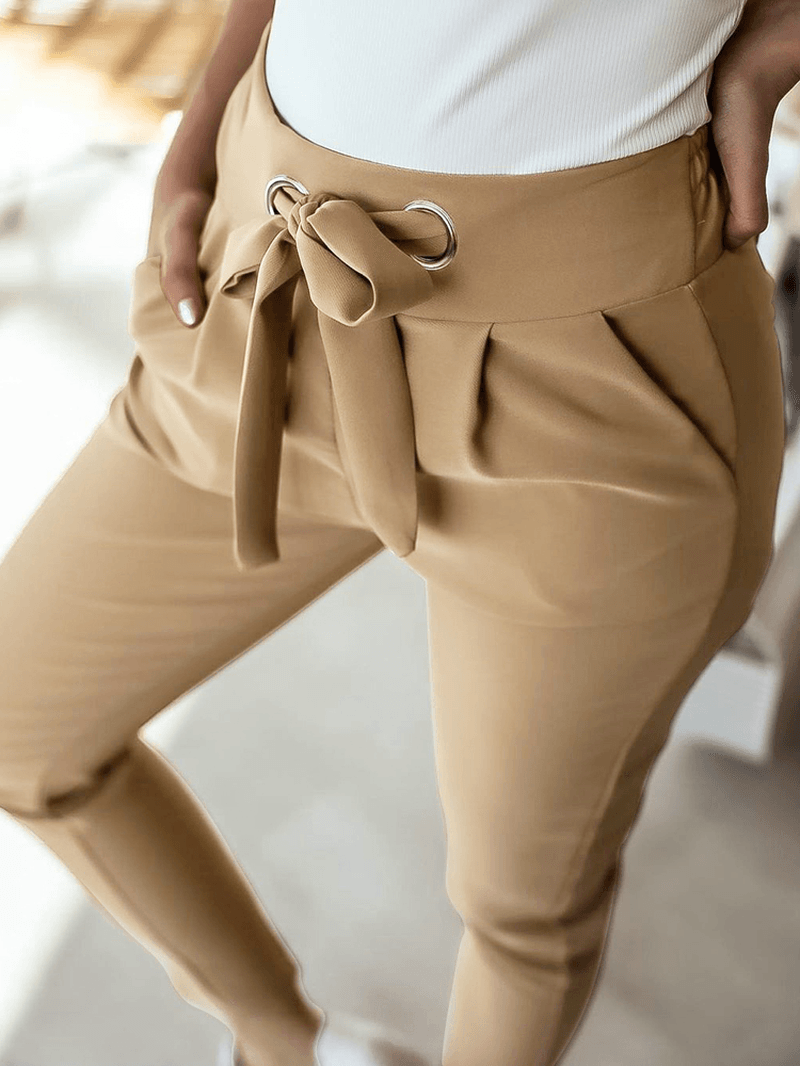 Women Solid Color Lace-Up Pleated Casual Regular Fit Pencil Pants