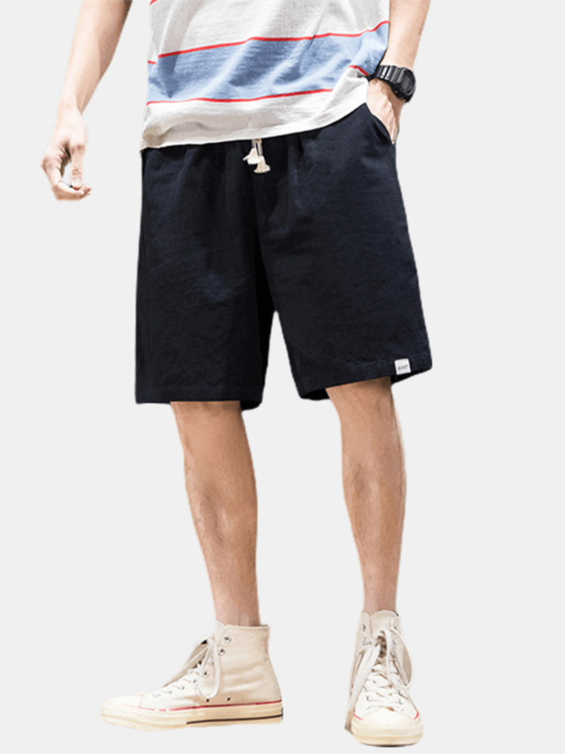 Mens Casual Flax Breathable Drawstring Solid Color Shorts