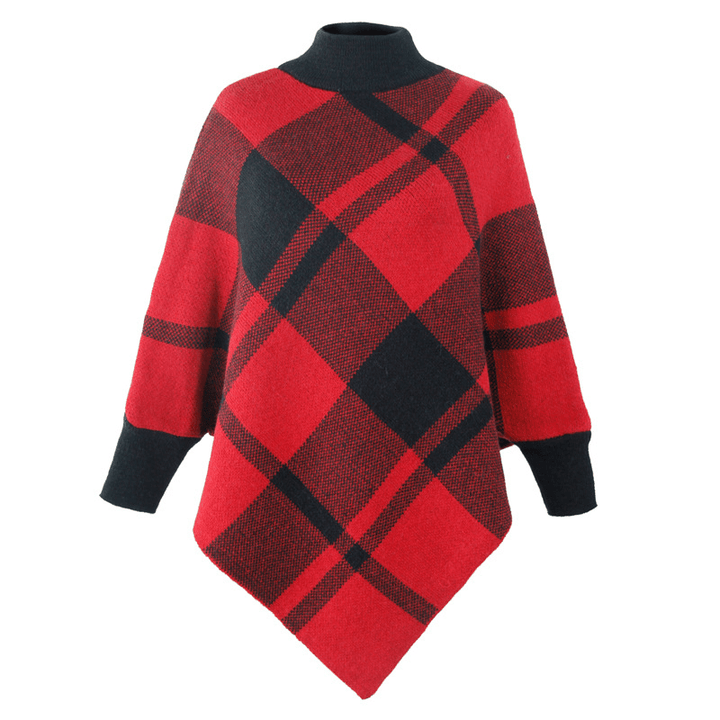 Color Block Check Cape Bat Sleeve Pullover Knit Shawl