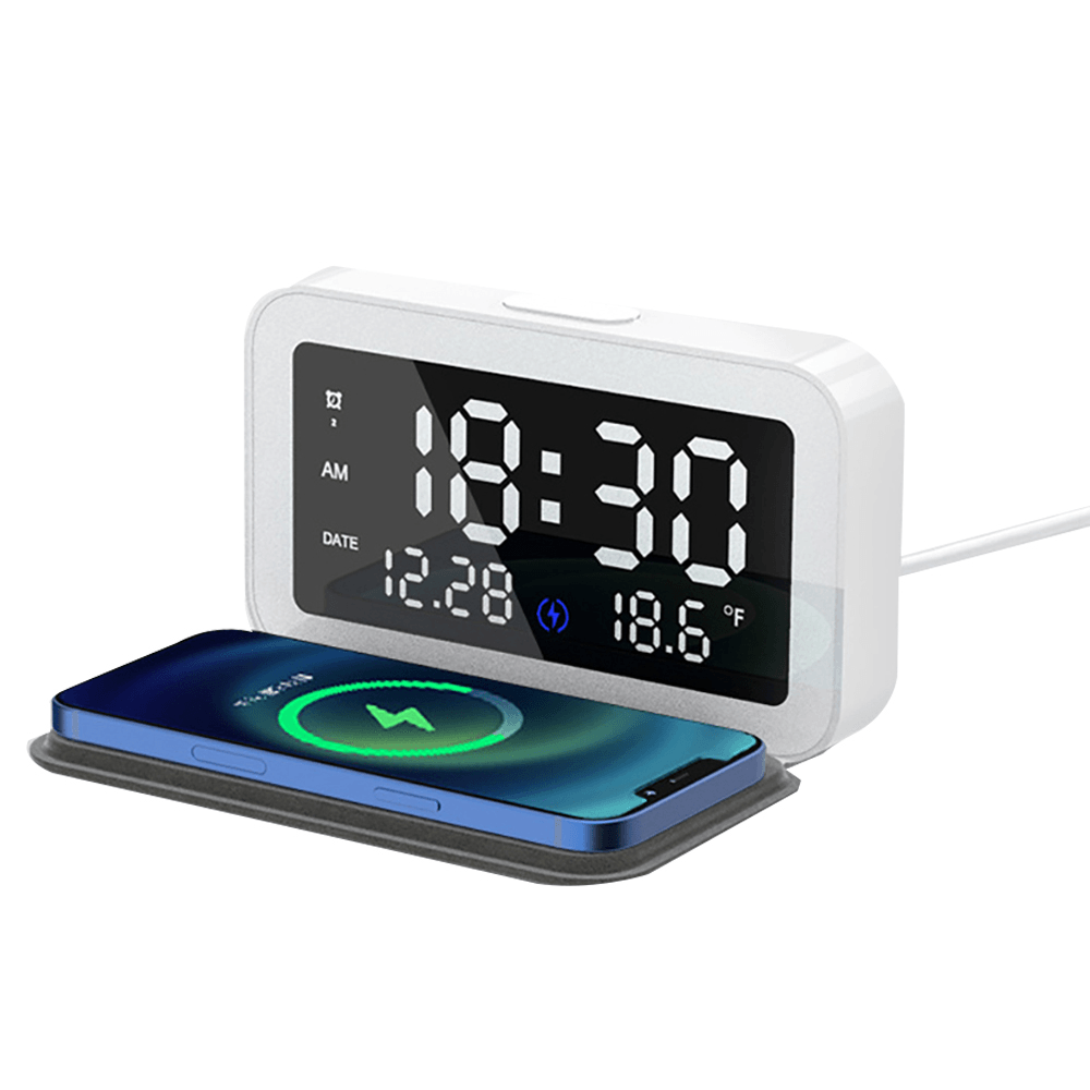 6 in 1 LED Electric Alarm Clock Thermometer Digital Multifunction Night Light Clock with Mobile Phone Wireless Charger Home Office Supplies