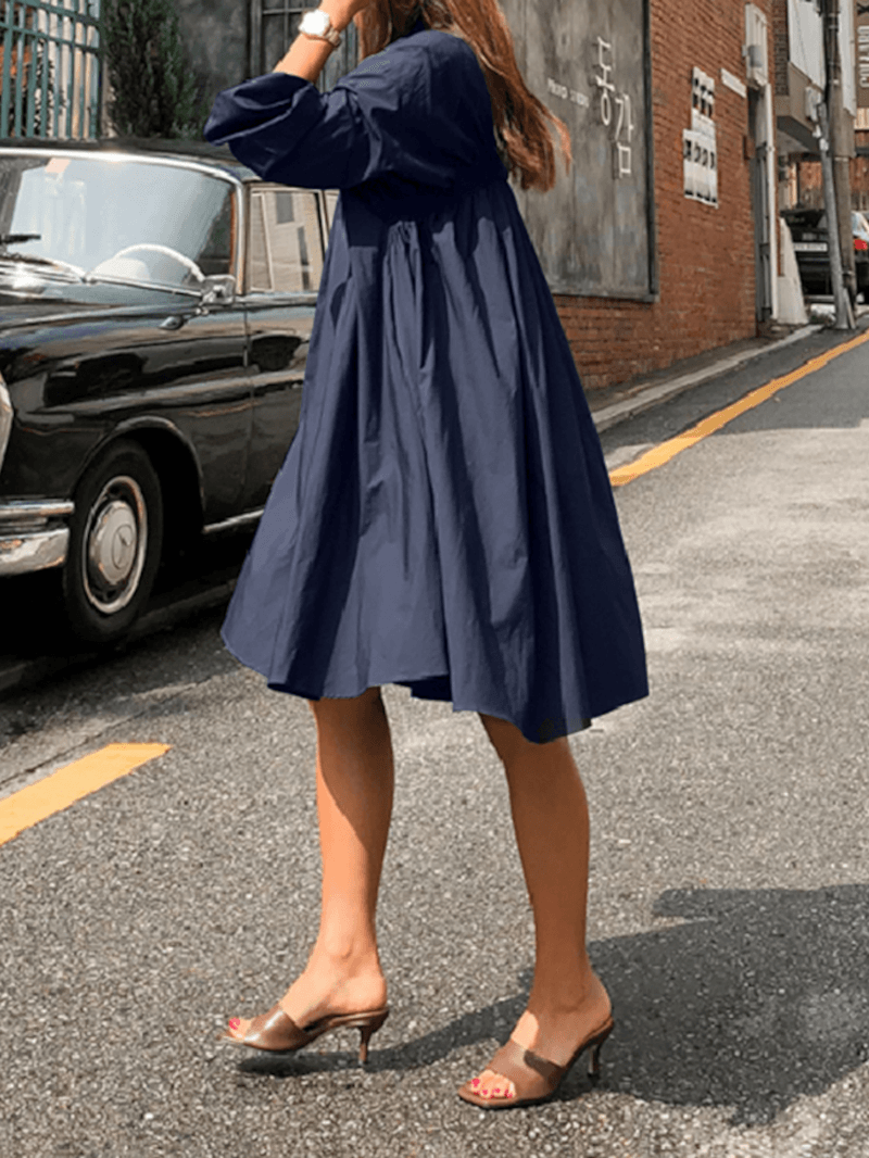 Women Solid Color Pleated Long Sleeve Casual Shirt Midi Dresses