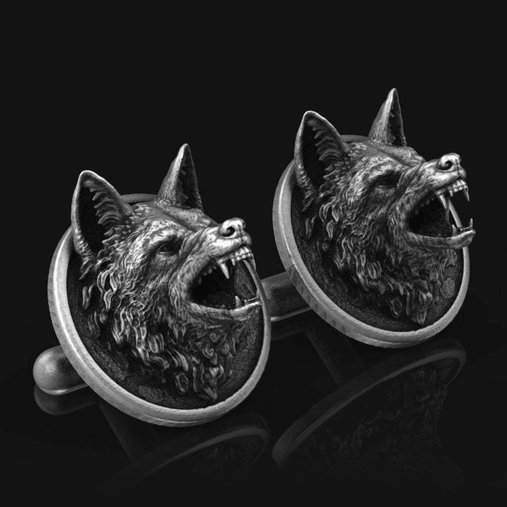 Men Pure Tin Handmade Three-Dimensional Wolf Head Retro French Shirt Cufflinks Dress Suit Cuff Button