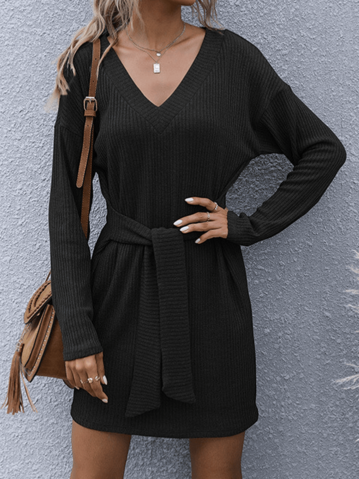 Women Solid Color V-Neck Long Sleeve Lace-Up Knitted Ribbed Dress