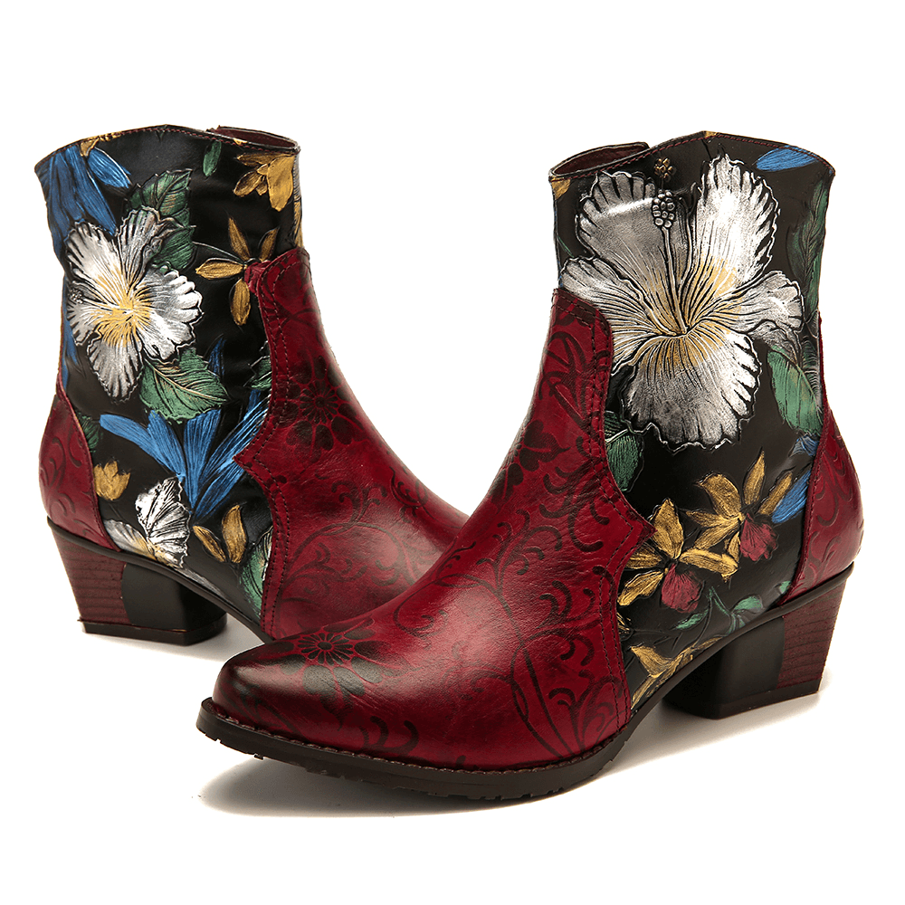 Women Retro Embossed Flowers Stitching Leather Ankle Boots