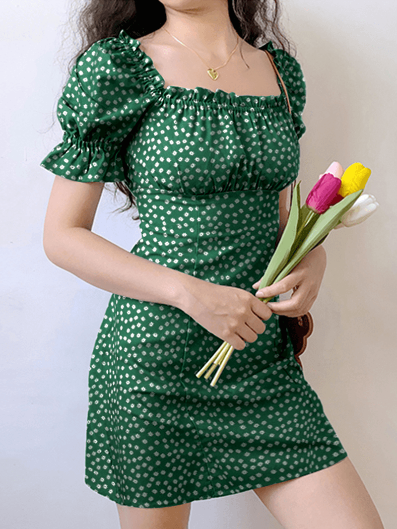 Floral Print Square Collar Pleating Short Sleeve Mini Dress