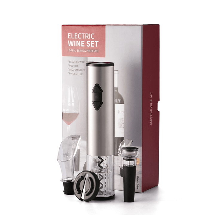 Electric Vino Bottle Opener Set Stainless Steel Automatic Corkscrew Opener Puller Kit with Foil Cutter Vacuum Stopper and Pourer