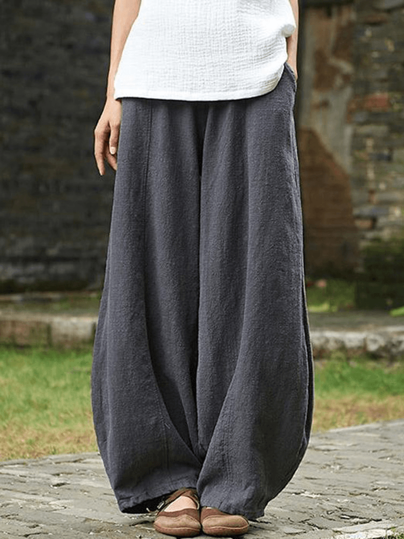 Cotton Linen Solid Color Elastic Waist Loose Casual Pants with Pocket