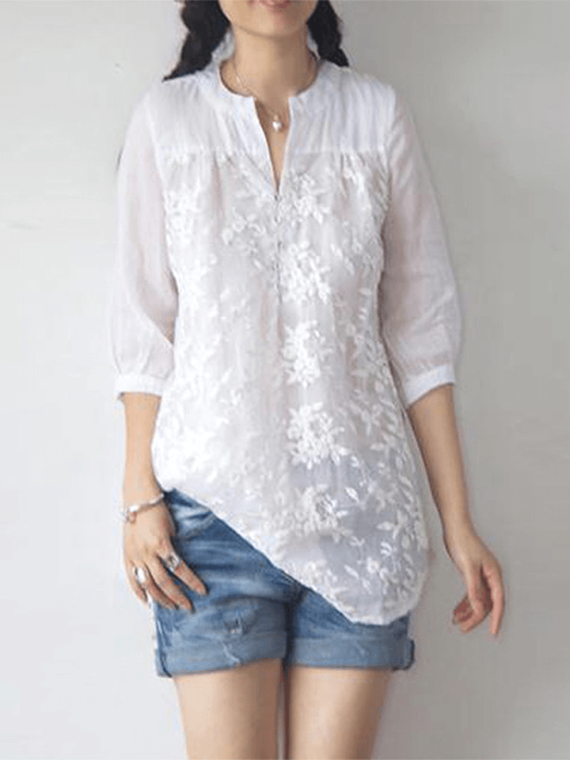 Women Floral Embroidery V-Neck 3/4 Sleeve Blouse