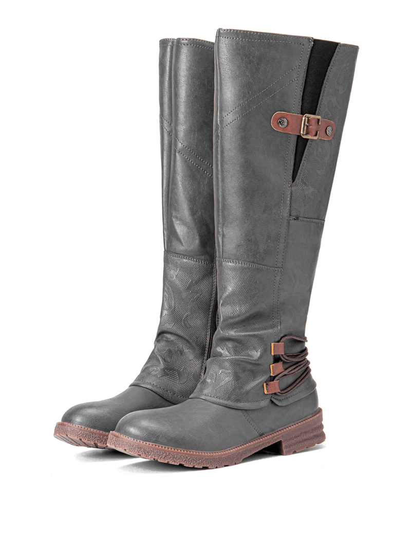 Women Metal Buckle Decor Slip on Mid Calf Riding Boots - MRSLM