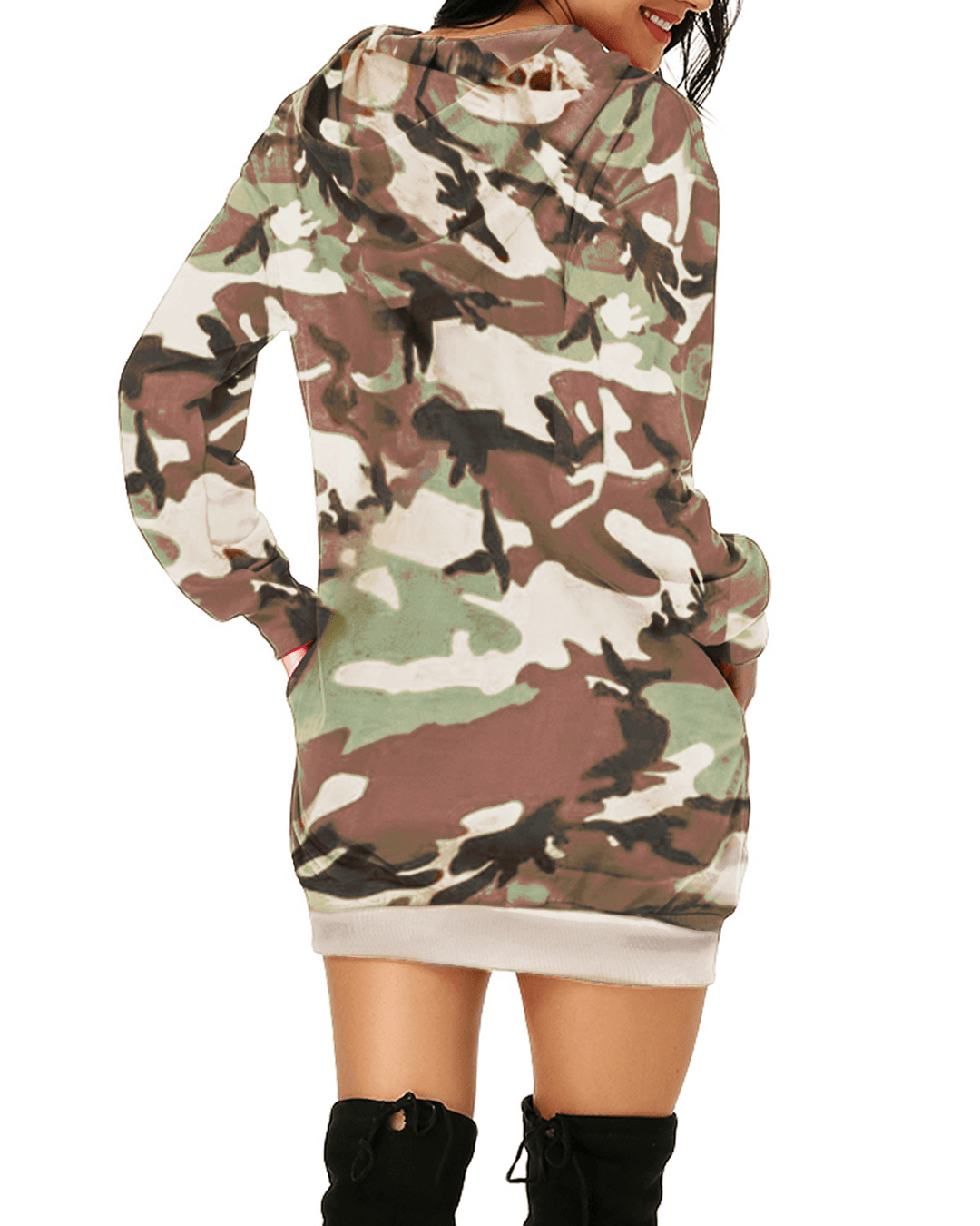 Long Sleeve Hooded Loose Pocket Pullover Camouflage Print Hoodie Dress