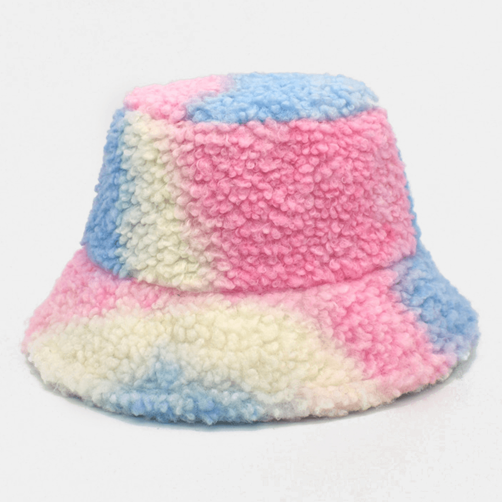 Women Tie-Dye Mix Color Lamb Hair Warm Casual Cute Bucket Hat - MRSLM