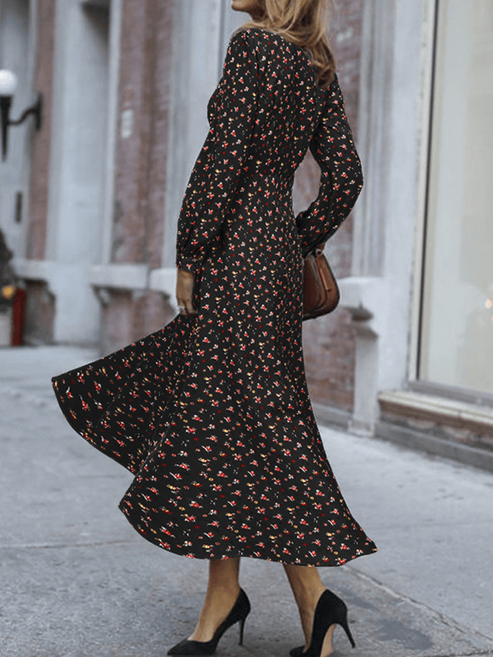 Women Floral Print Lace-Up Long Sleeve Side Zipper Casual Daily Maxi Dress