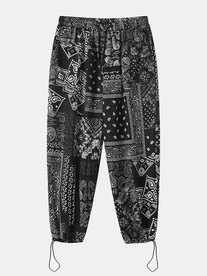 Mens Paisley Ethnic Print Cotton Relaxed Fit Drawstring Cuff Pants