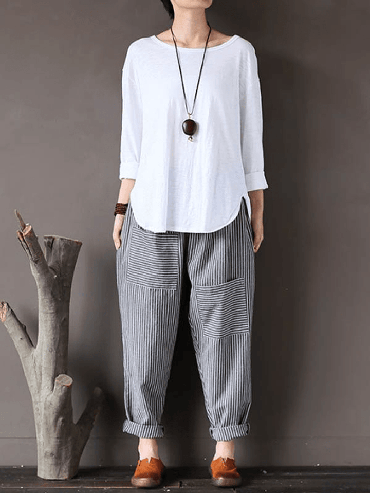 Women Stripe Elastic Waist Casual Loose Harem Pants