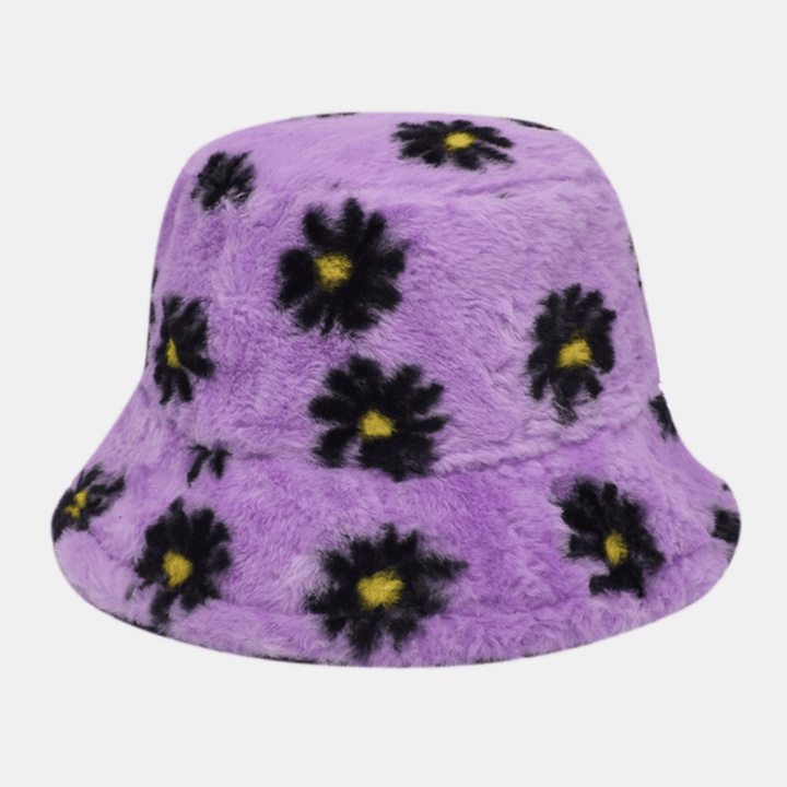 Women Lamb Hair Soft Warm plus Thicken Casual All-Match Cute Daisy Flower Pattern Bucket Hat - MRSLM