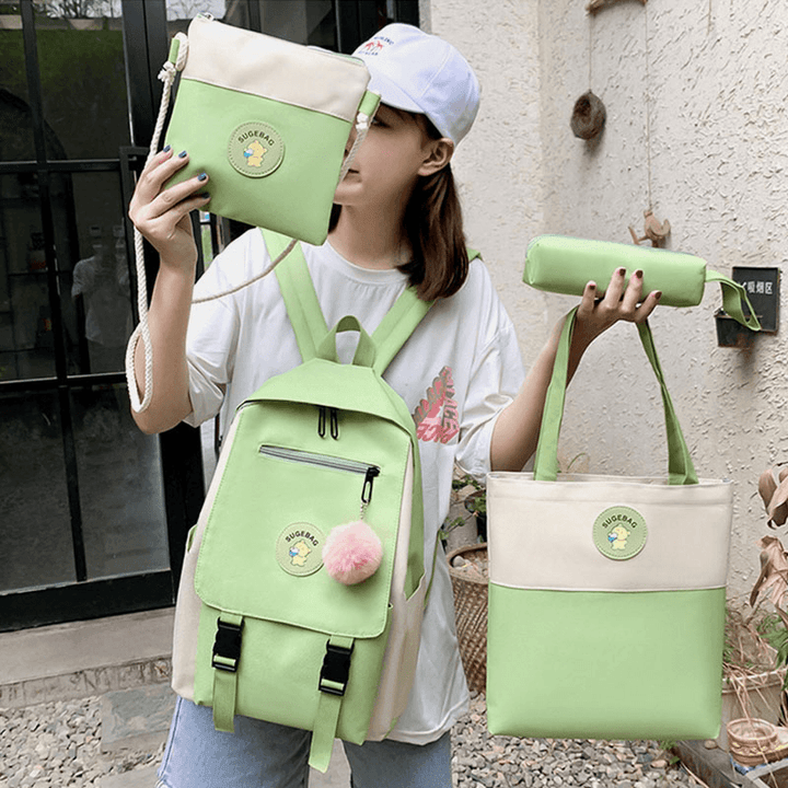 4 PCS Canvas Preppy Multifunction Combination Bag Tote Large Capacity Backpack Crossbody Clutch Wallet