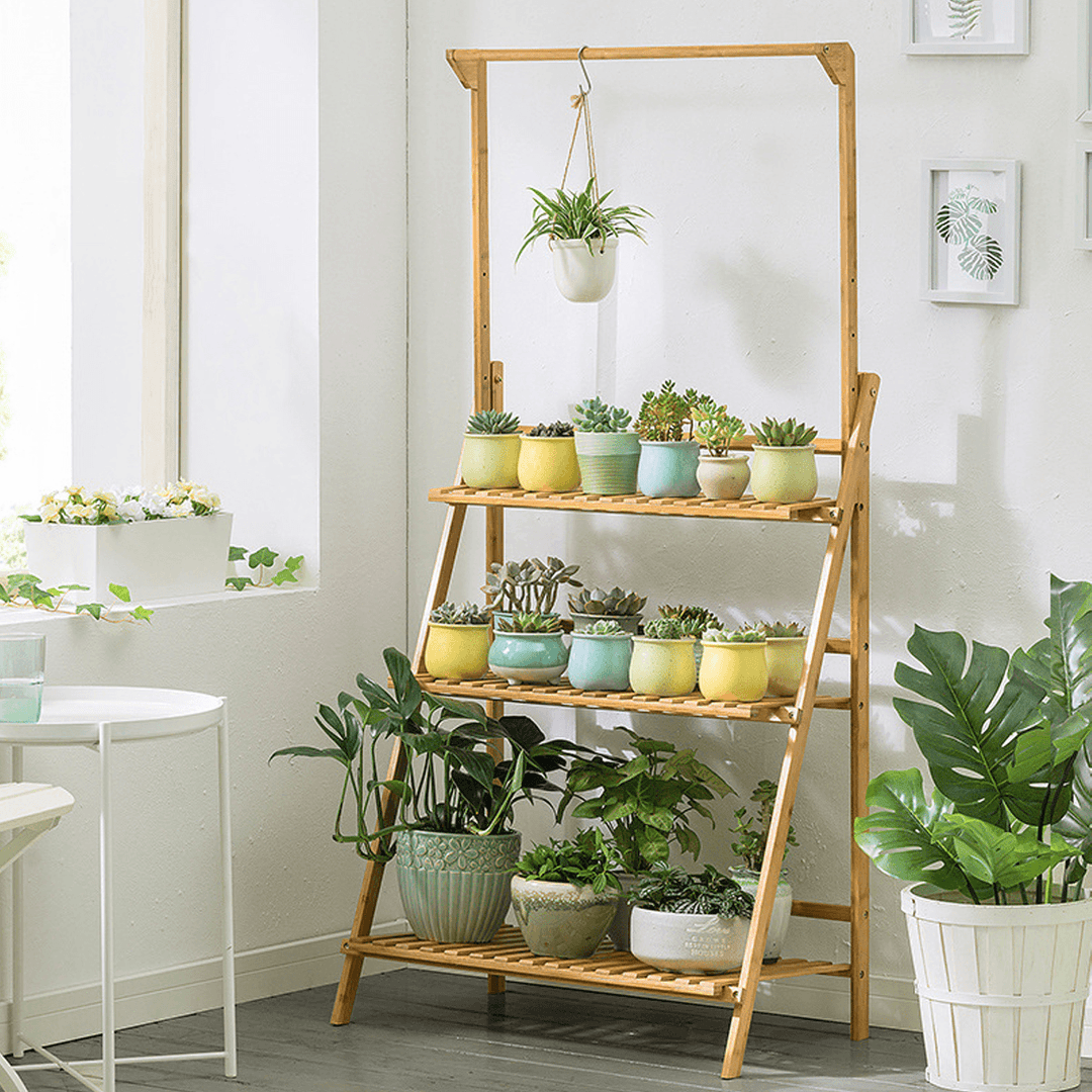 Bamboo Hanging Plant Stand Shelves Flower Pot Storage Organizer Rack