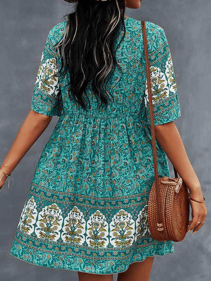 Bohemia Floral Ethnic V-Neck Button Short Sleeve Print Dress