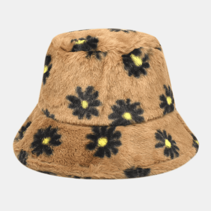 Women Lamb Hair Soft Warm plus Thicken Casual All-Match Cute Daisy Flower Pattern Bucket Hat