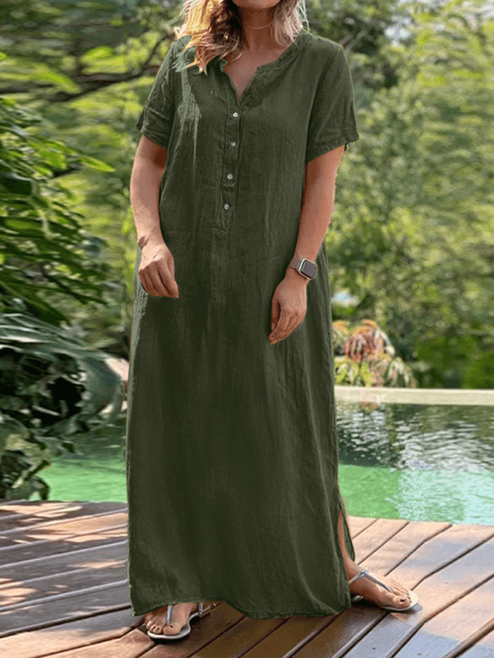 Casual Solid Crew Neck Short Sleeve Button Bohemia Maxi Dress - MRSLM